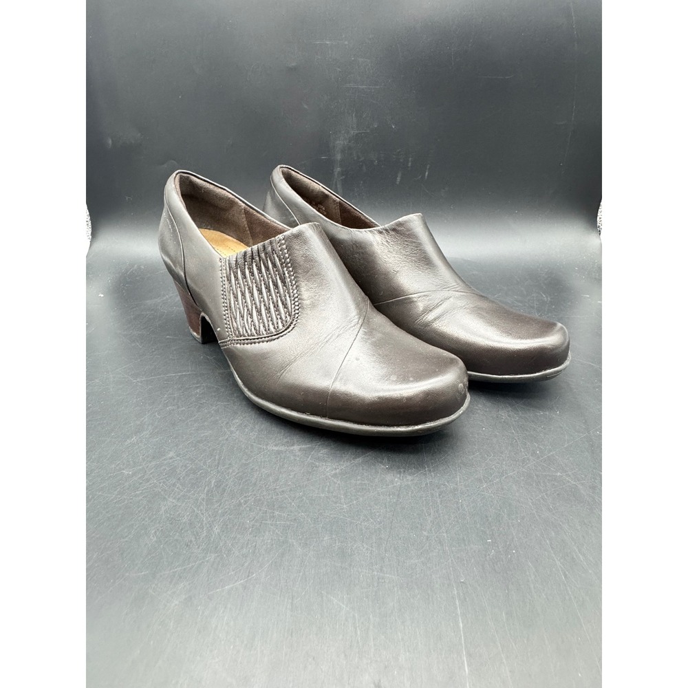 Clarks Womens Dark Brown Leather Slip On Block Heel Shooties Shoes Size 8N